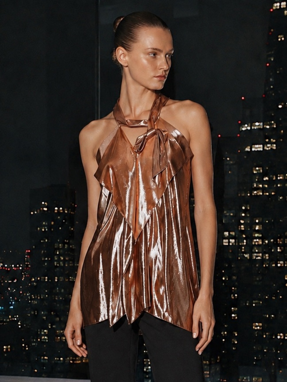 Roland mouret rose gold silk blend tie neck tank